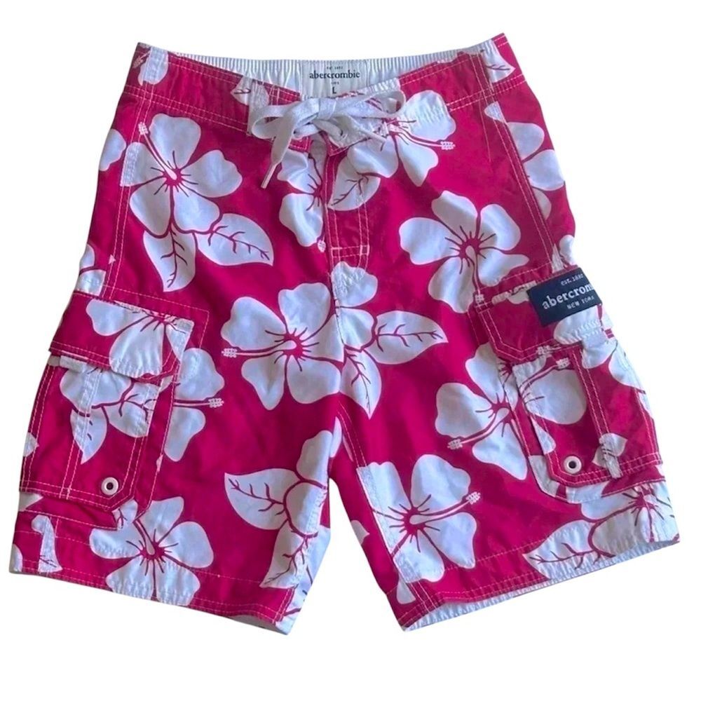 Abercrombie and Fitch Swim Trunks Y2K Hawaiian Floral Pink White Big Kid L